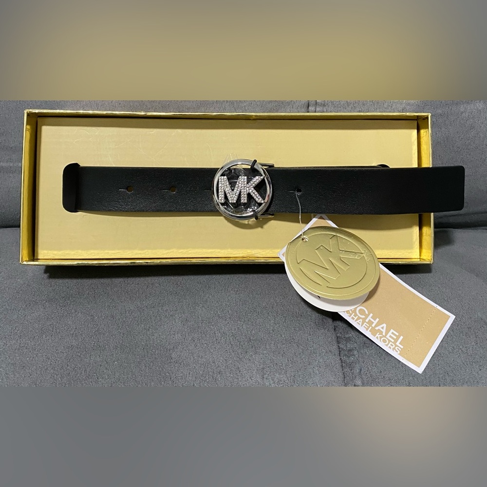 Michael Kors Black Leather 25mm Pave Logo Belt in Gift Box L/XL NWT $98